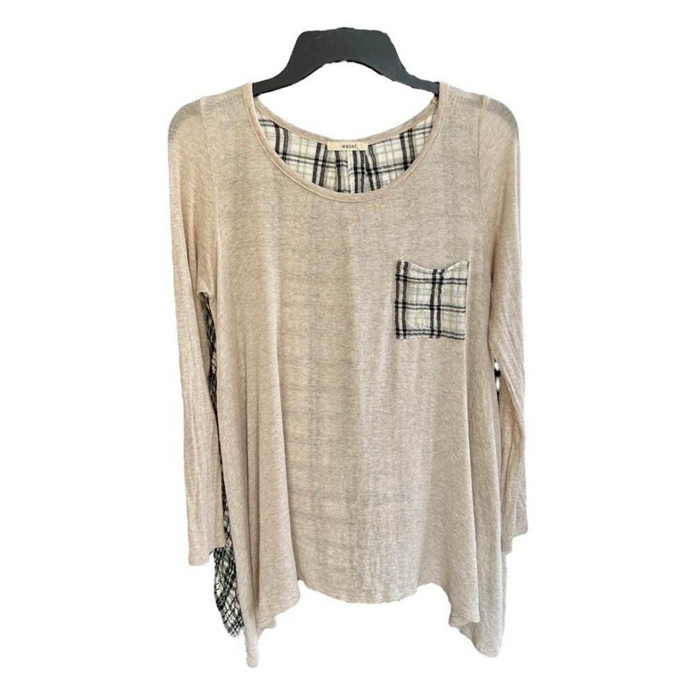 EASEL, WOMENS,LONG SLEEVE, TUNIC TOP. TAN FRONT WITH BLACK/TAN PLAID BACK.SIZE L